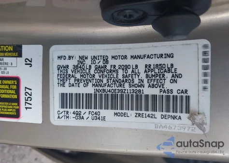 2009 Toyota Corolla Xle из США, поврежденный, VIN 1NXBU40E39Z113281